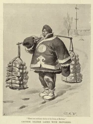 Chinesischer Soldat beladen mit Vorräten